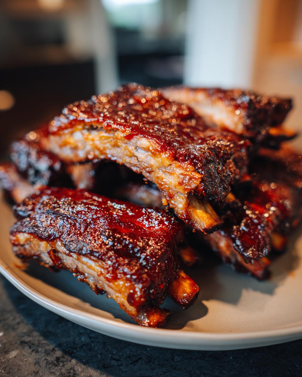 Close-up of a plate piled high with glistening, saucy oven baked ribs.