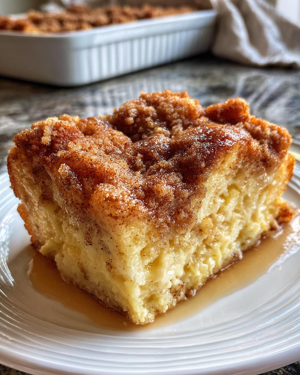 A delicious slice of Overnight French Toast Casserole topped with cinnamon sugar and drizzled with syrup.
