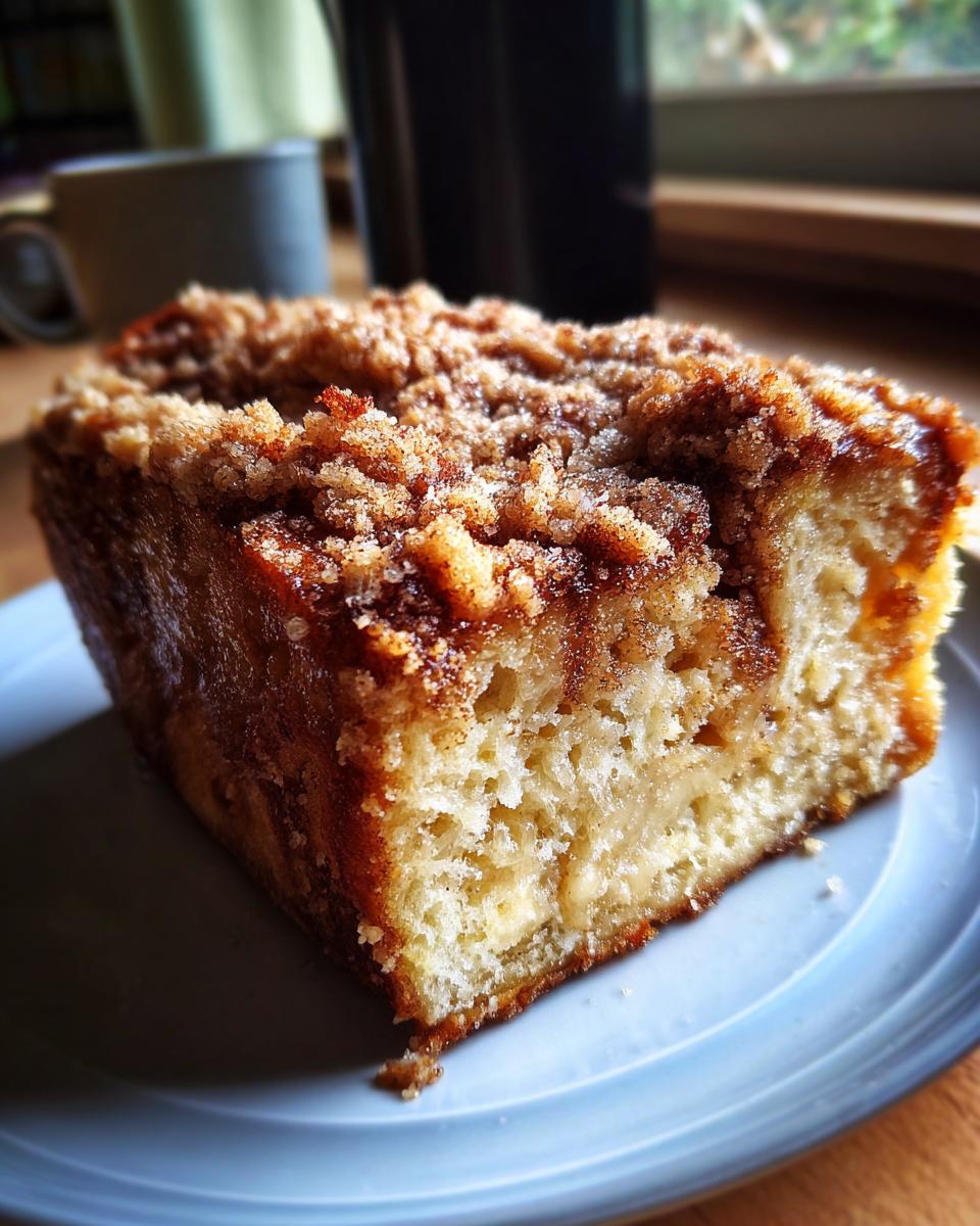 A slice of Overnight French Toast Casserole with a crumb topping on a blue plate.