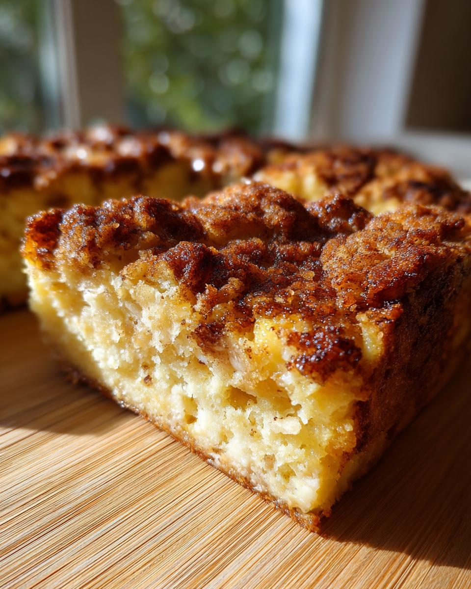 A close-up of a slice of Overnight French Toast Casserole with a cinnamon-sugar topping.