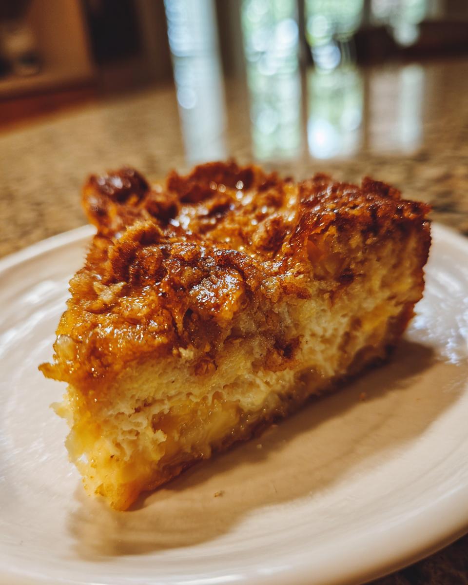 A delicious slice of Overnight French Toast Casserole on a white plate, showcasing its golden-brown topping and fluffy interior.
