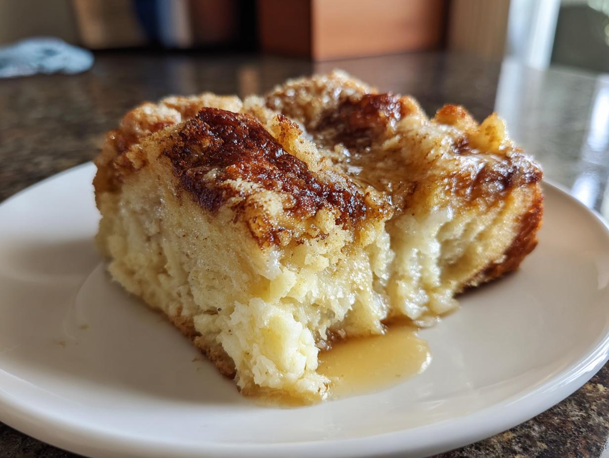 A close-up of a slice of Overnight French Toast Casserole on a white plate, glistening with syrup.