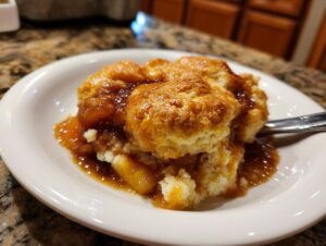 A close-up of a serving of warm peach cobbler with a fluffy biscuit topping and syrupy peaches.