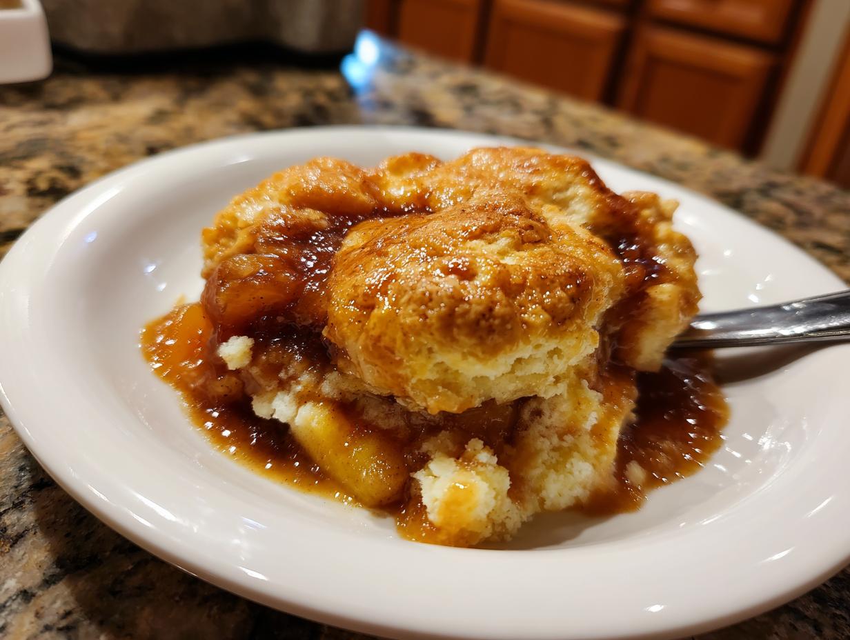 A close-up of a serving of warm peach cobbler with a fluffy biscuit topping and syrupy peaches.