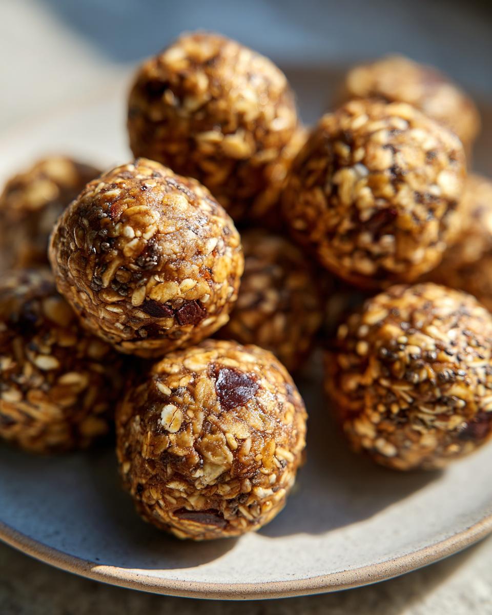 Close-up of several round Peanut Butter Energy Balls made with oats and dried fruit on a plate.