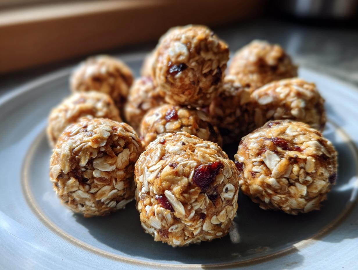 A close-up of several peanut butter energy balls made with oats and dried fruit, arranged on a light blue plate.