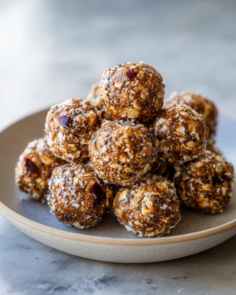 A close-up shot of a stack of 5-Ingredient Peanut Butter Energy Balls on a plate, showcasing oats, chia seeds, and dried cranberries.