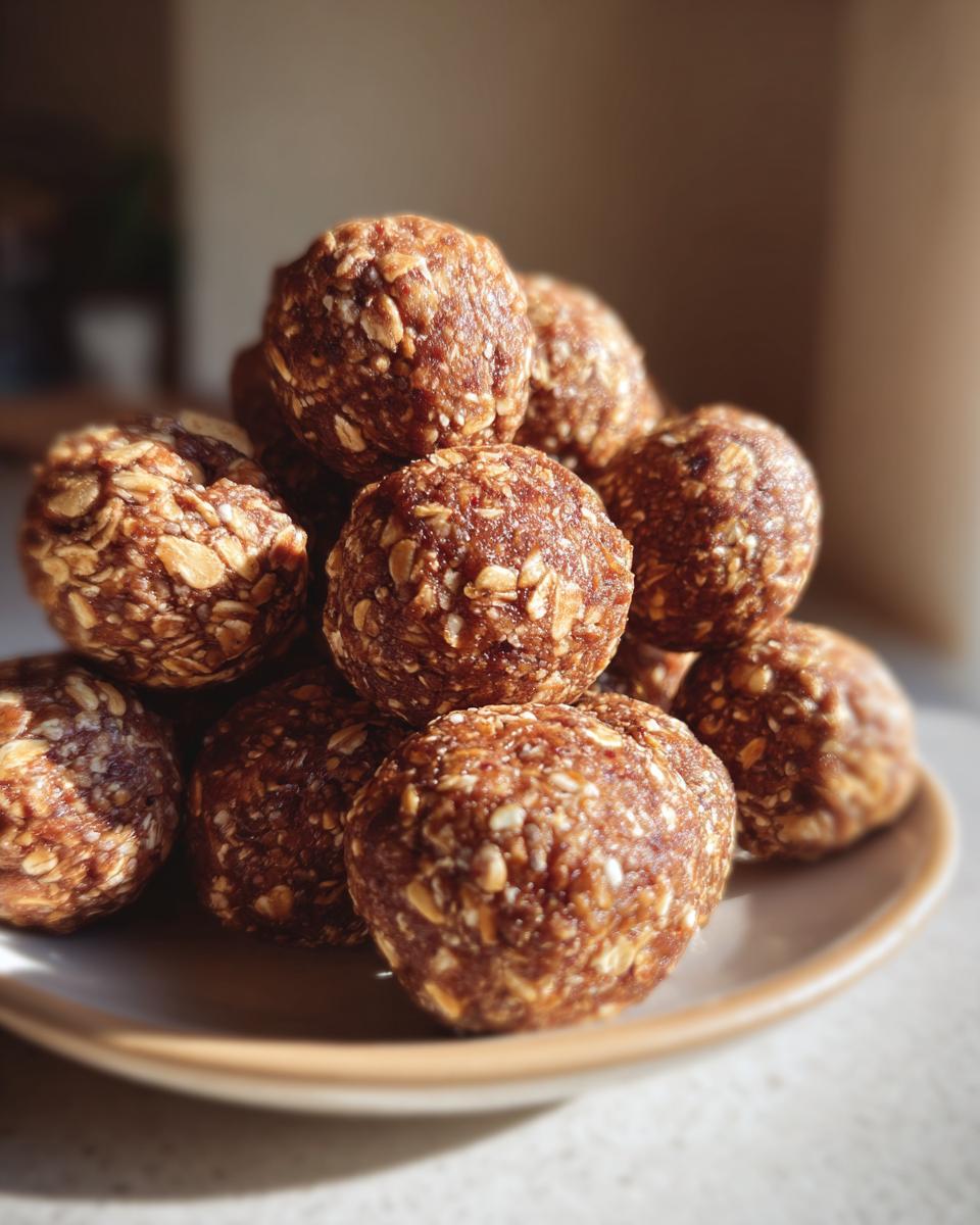 A close-up stack of 5-Ingredient Peanut Butter Energy Balls on a plate, showing oats and peanut butter texture.