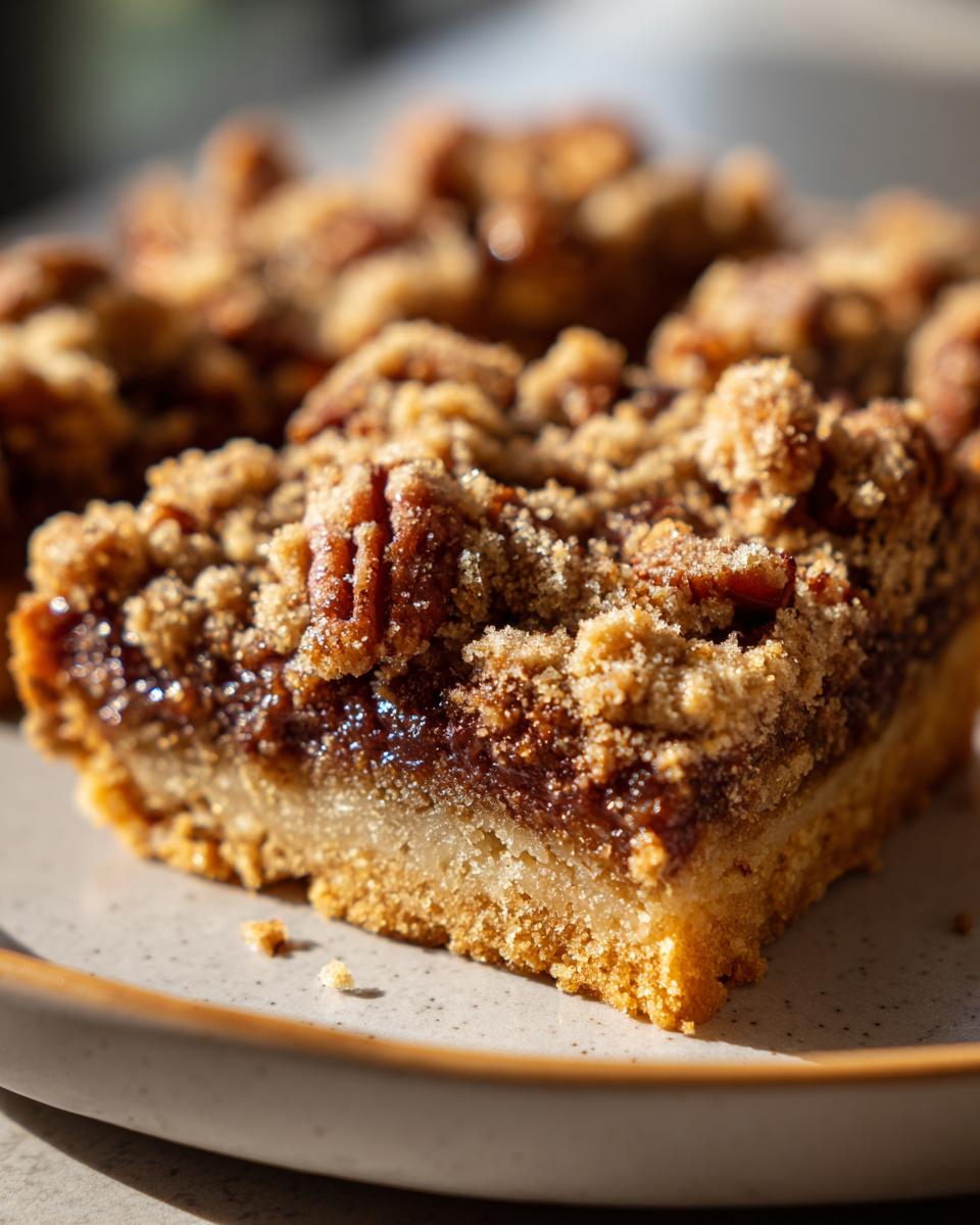 A close-up shot of a perfectly baked pecan pie bar, showcasing its flaky crust, gooey filling, and crunchy pecan topping.