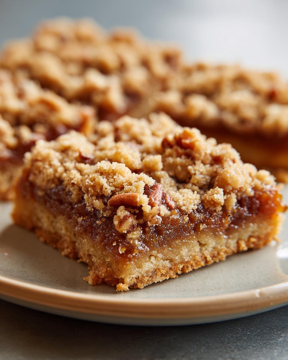 Close-up of a delicious pecan pie bar with a buttery crust and a sweet, gooey pecan filling topped with crumble.