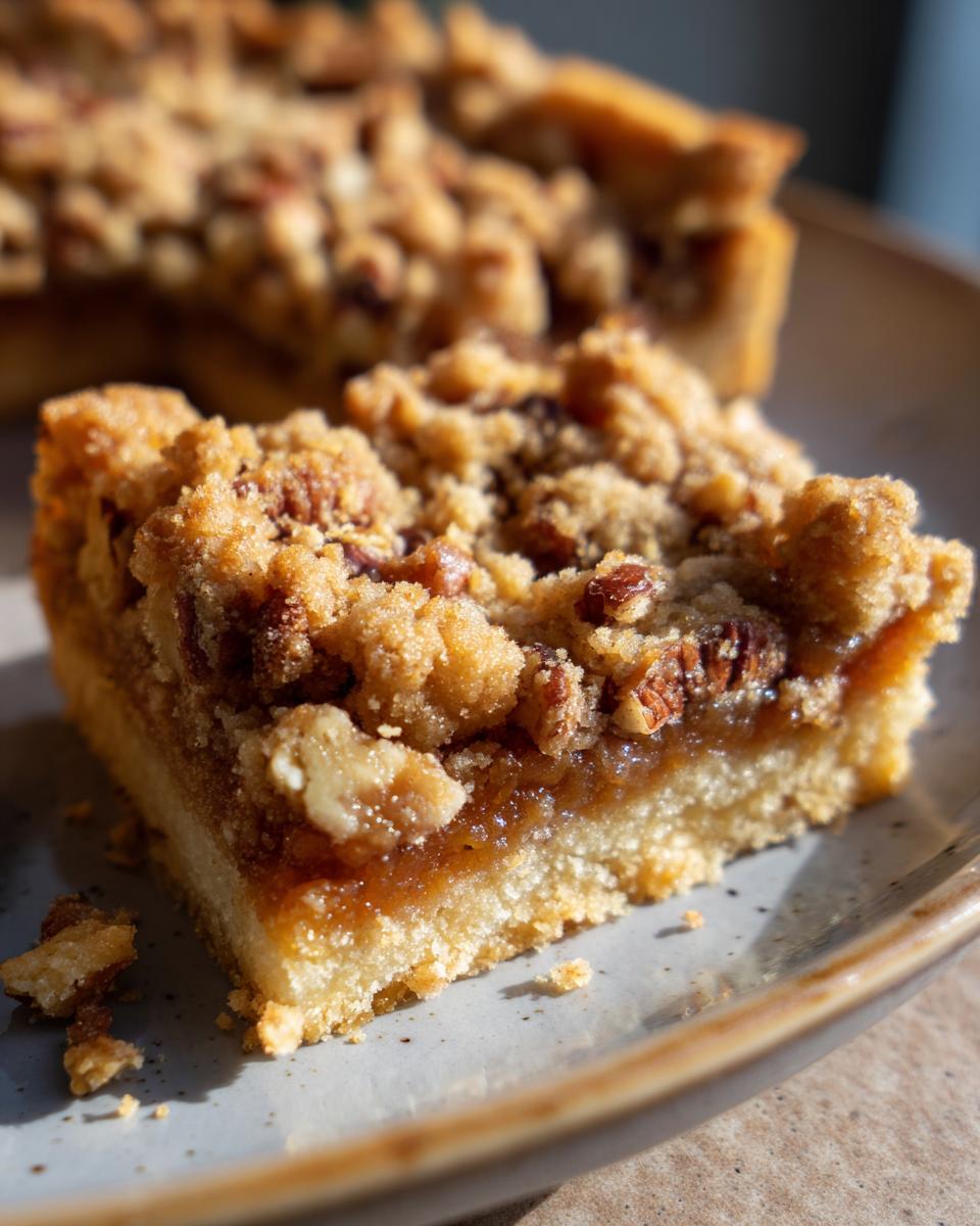 Close-up of a rich pecan pie bar with a buttery crust and a generous crumble topping.