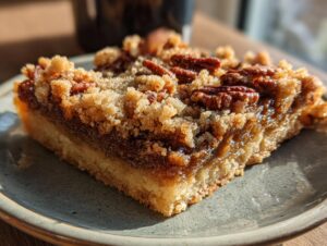A close-up of a single Pecan Pie Bar slice on a grey plate, showcasing the flaky crust, gooey filling, and crunchy pecan topping.