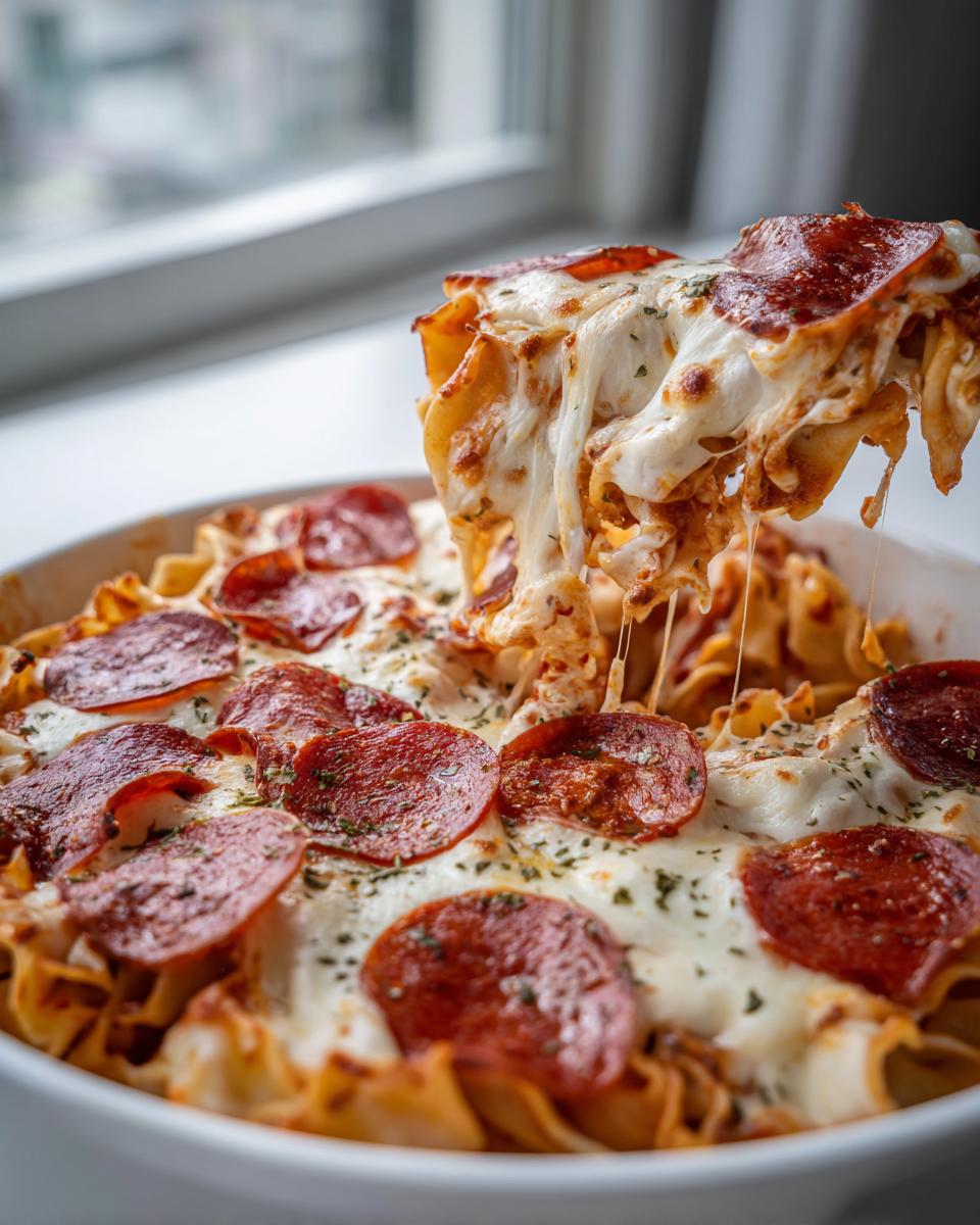 A serving of Pepperoni Pizza Casserole being lifted, showing gooey melted cheese and pepperoni slices.