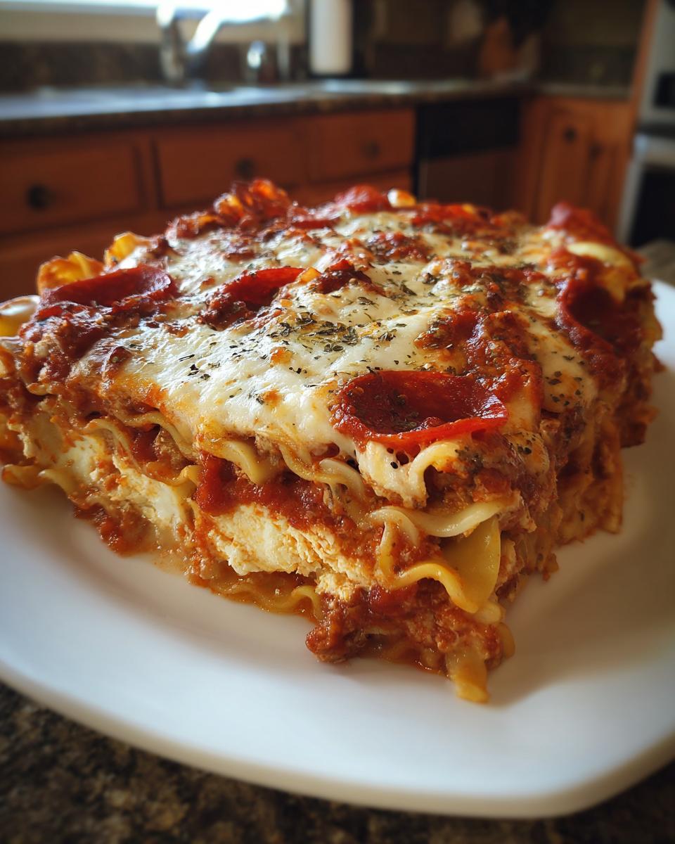 A delicious slice of pepperoni pizza casserole, featuring layers of pasta, cheese, sauce, and pepperoni, served on a white plate.