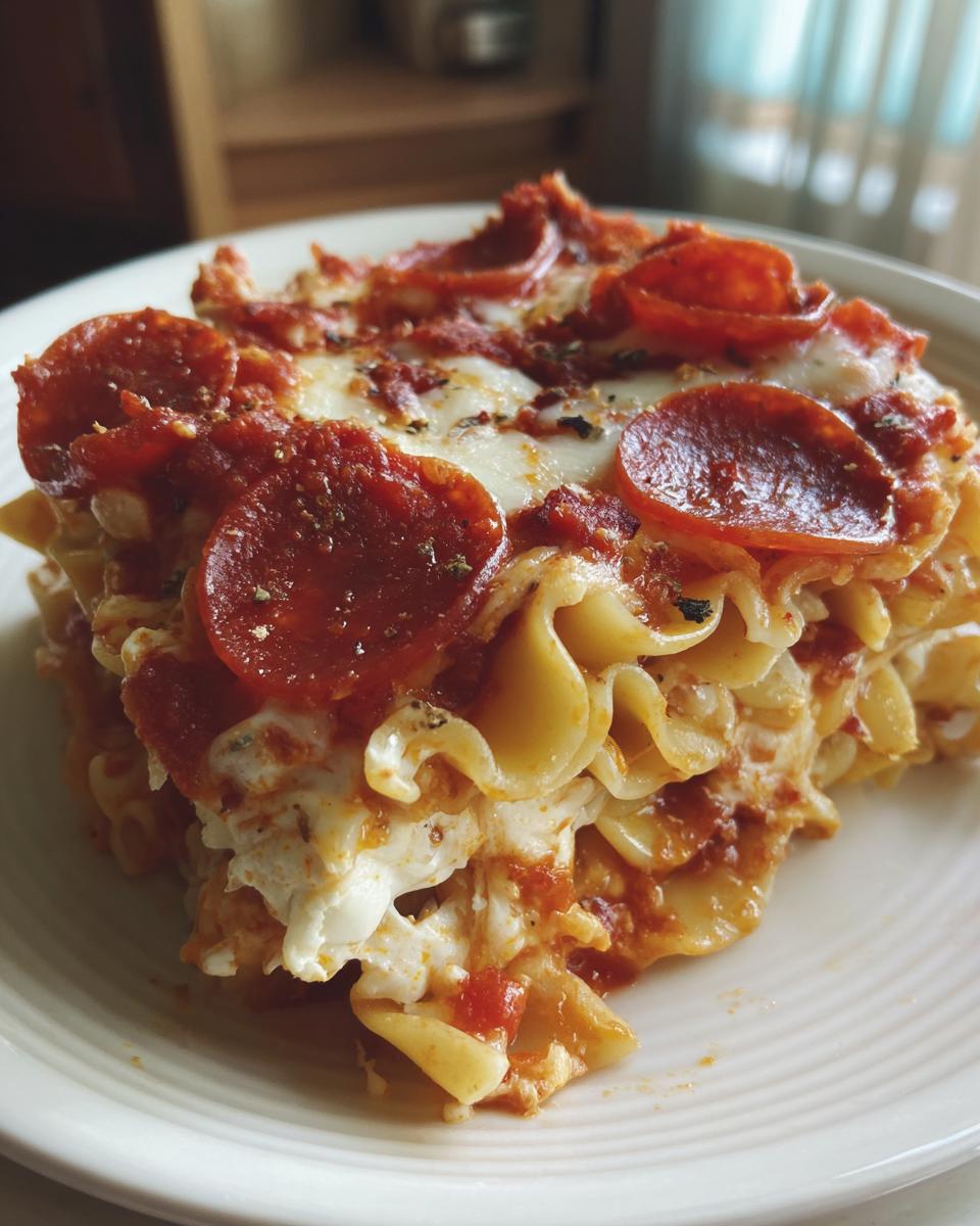A close-up of a slice of pepperoni pizza casserole, featuring pasta, melted cheese, and pepperoni slices.