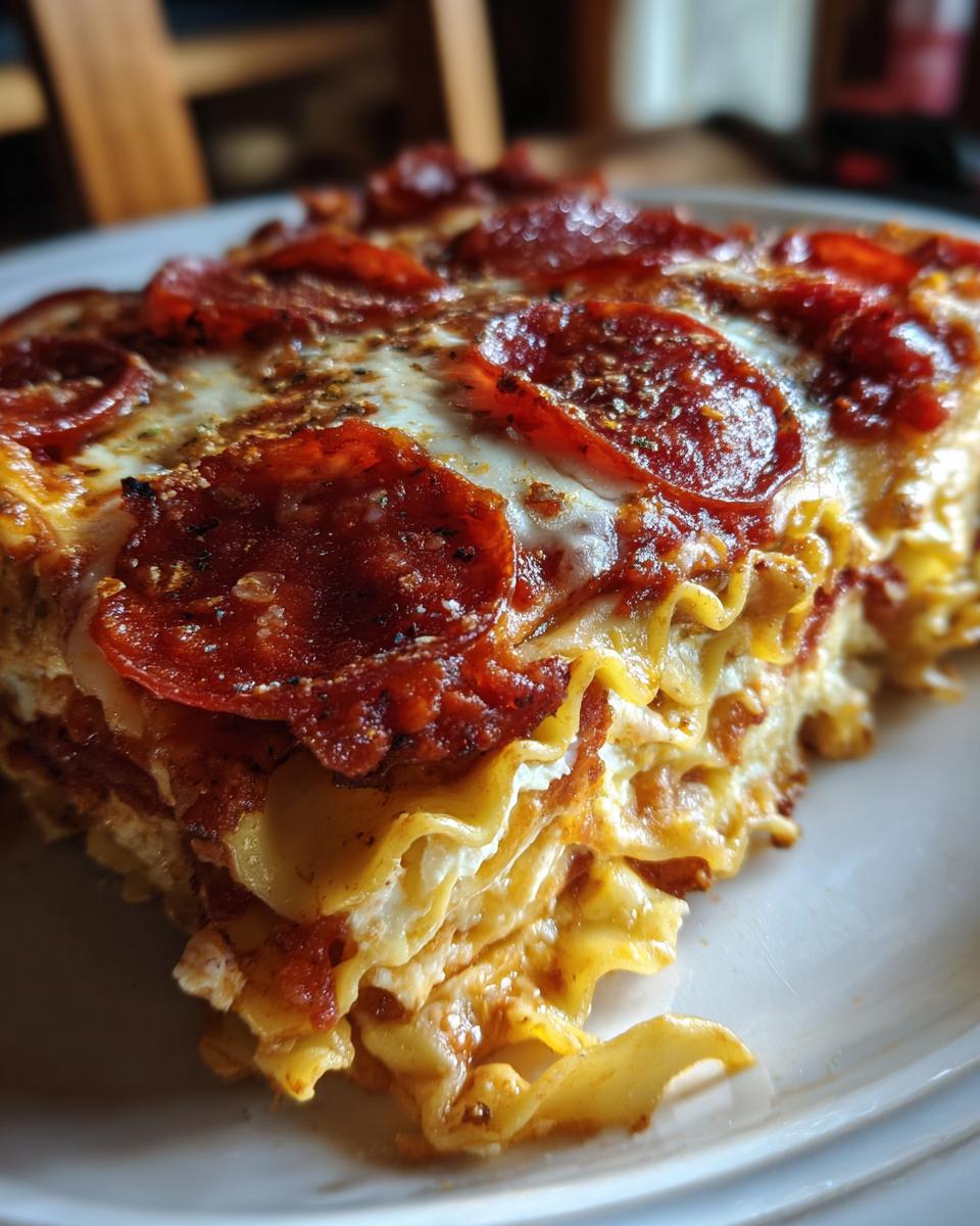 A close-up of a hearty slice of pepperoni pizza casserole, featuring layers of pasta, cheese, and pepperoni.