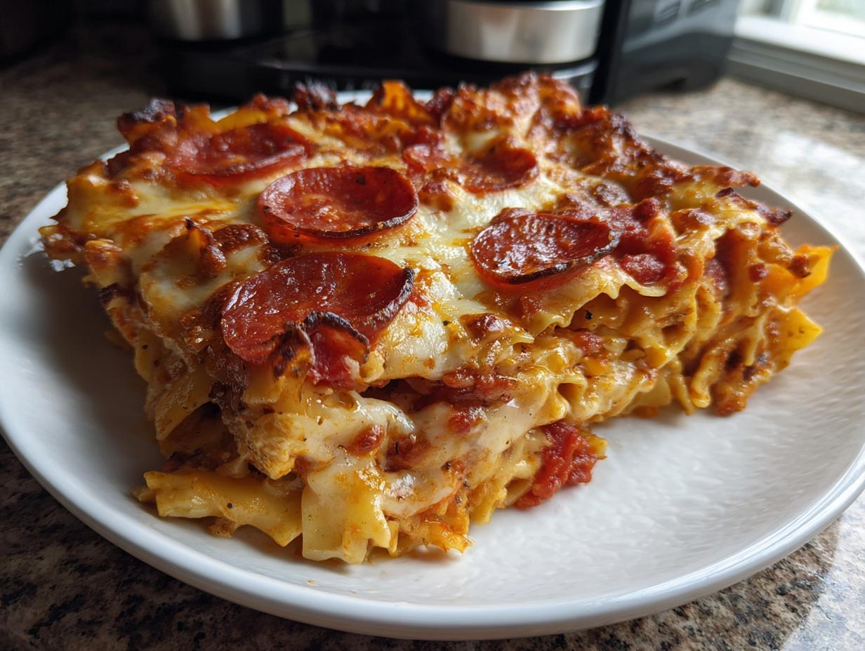 A generous slice of Pepperoni Pizza Casserole on a white plate, featuring layers of pasta, melted cheese, and pepperoni.