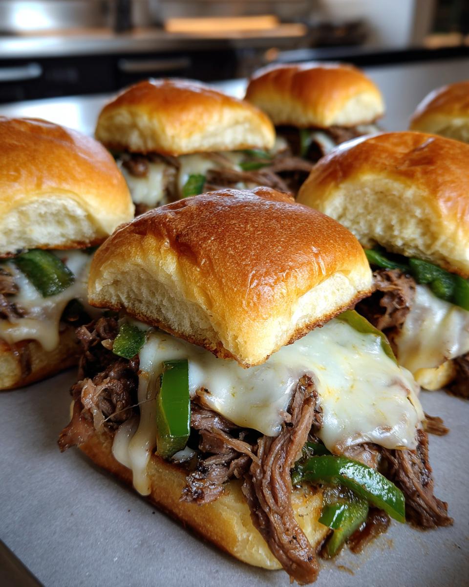 Close-up of delicious Philly cheesesteak sliders filled with shredded beef, green peppers, and melted white cheese.