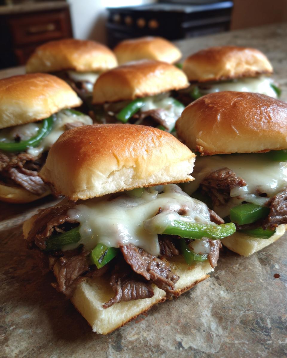 Close-up of several Philly cheesesteak sliders with melted cheese, steak, and green peppers on soft buns.