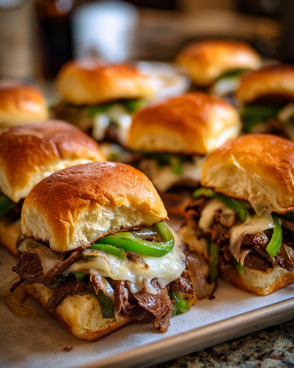Close-up of several Philly cheesesteak sliders filled with steak, melted cheese, and green peppers.