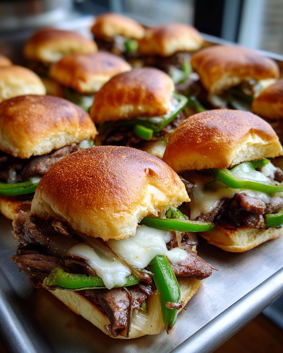 Close-up of delicious Philly cheesesteak sliders filled with steak, peppers, onions, and melted cheese.