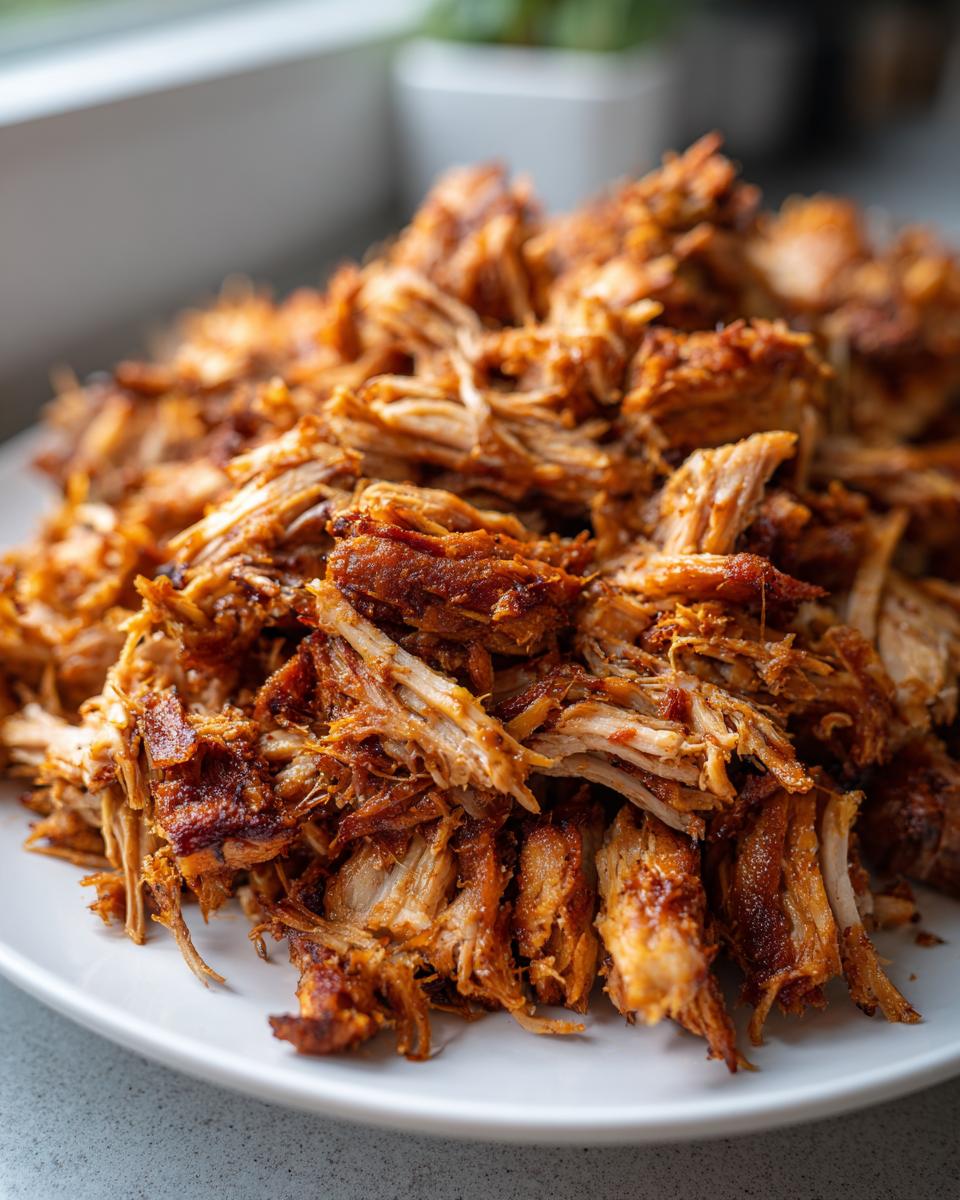 A close-up shot of a generous pile of perfectly cooked pork carnitas on a white plate.