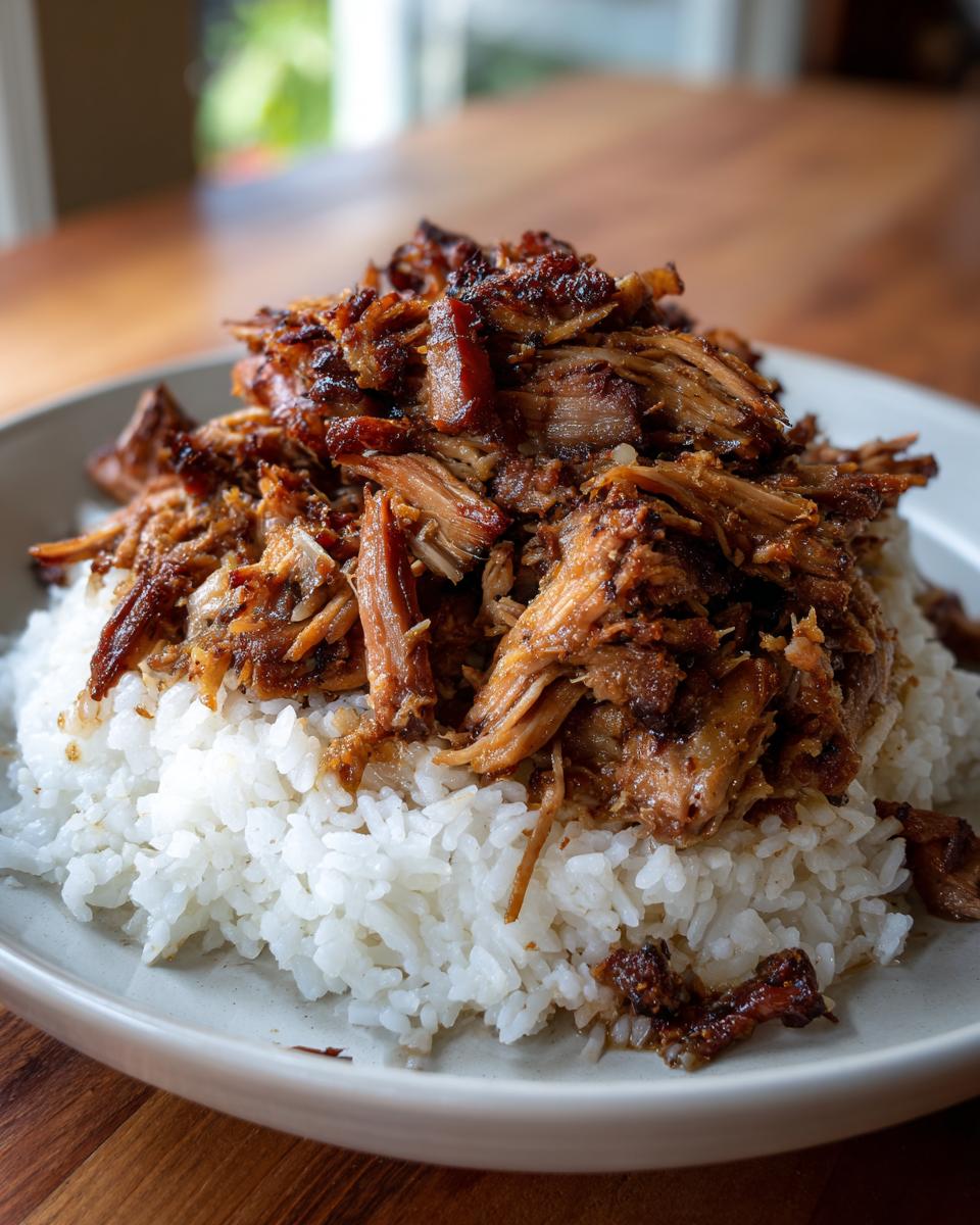 A generous serving of shredded pork carnitas piled high on a bed of fluffy white rice.