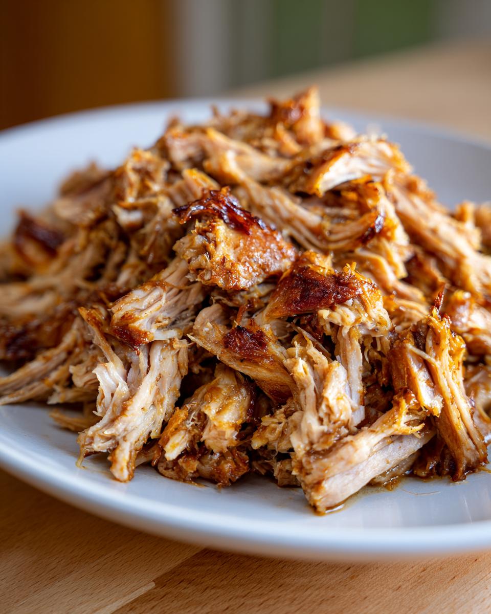 A close-up shot of a pile of tender, shredded pork carnitas on a white plate, glistening with juices.