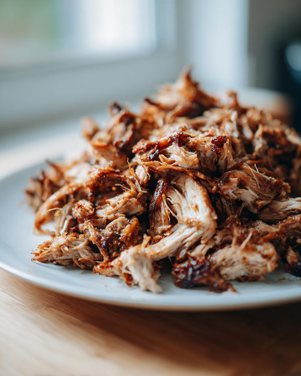 A close-up of a pile of tender, shredded pork carnitas on a white plate.