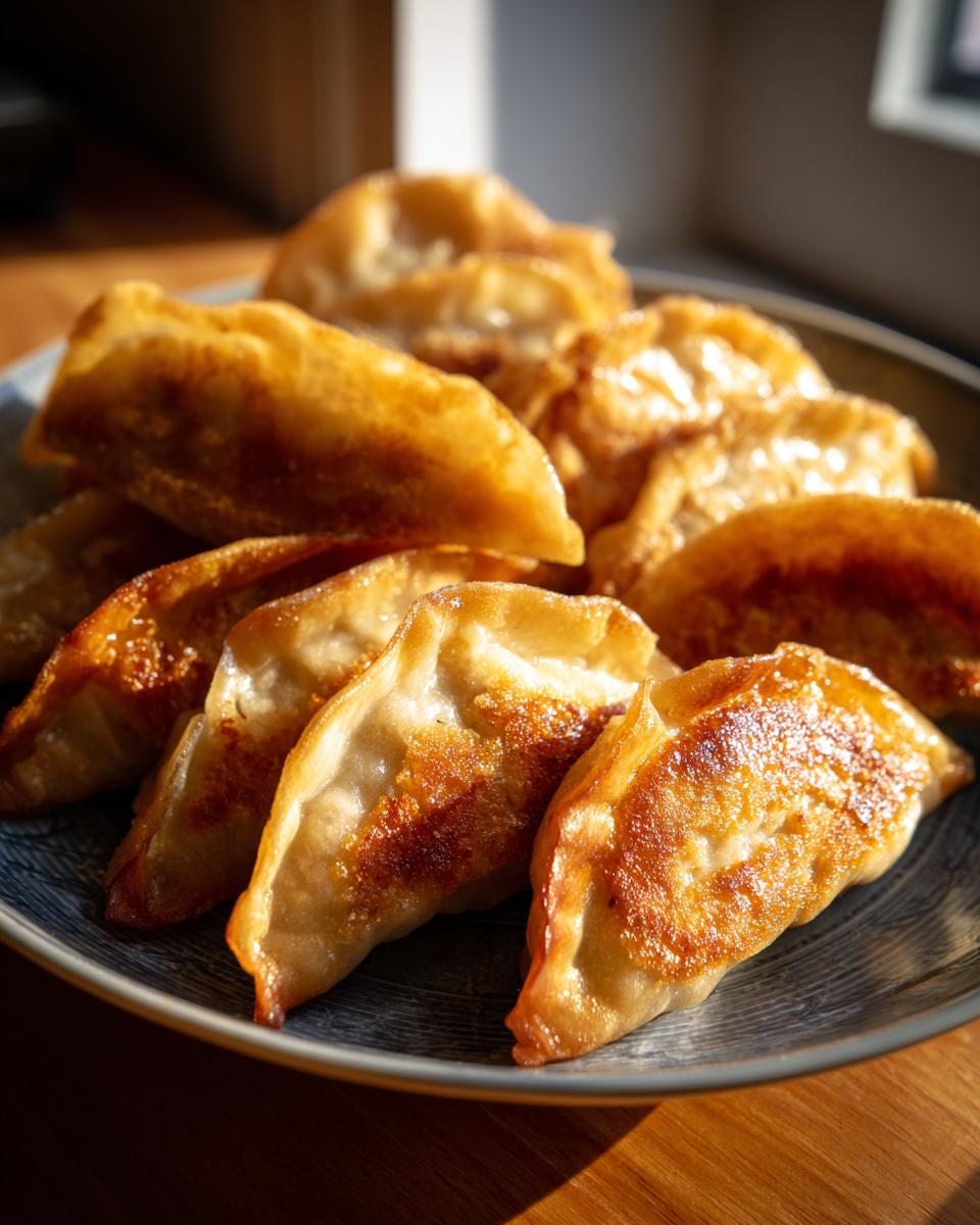 A close-up of golden-brown, pan-fried pork dumplings piled on a blue and white patterned plate.