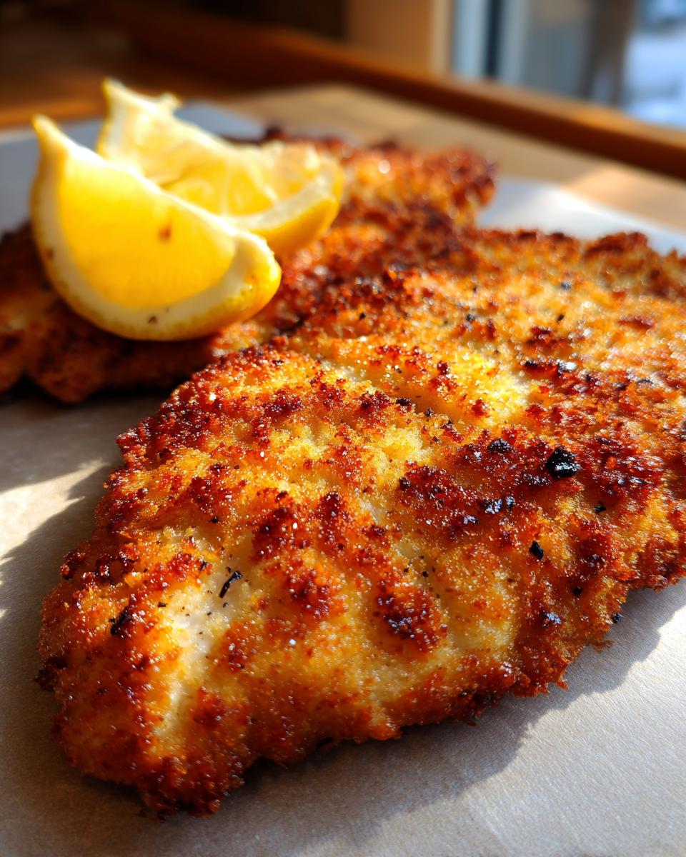 Close-up of a perfectly cooked pork schnitzel, golden brown and crispy, topped with fresh lemon wedges.
