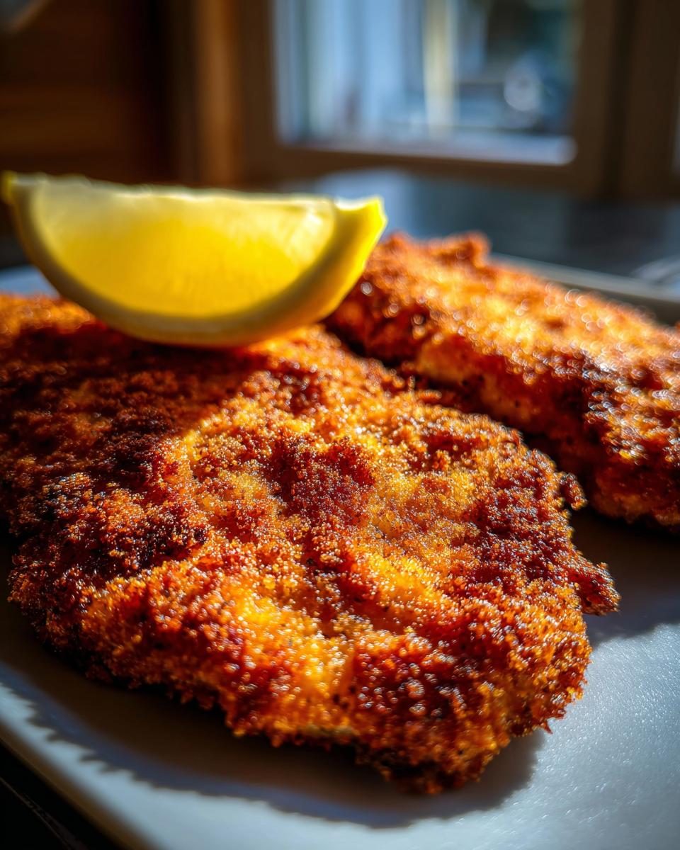 Close-up of golden-brown, crispy pork schnitzel topped with a fresh lemon wedge.
