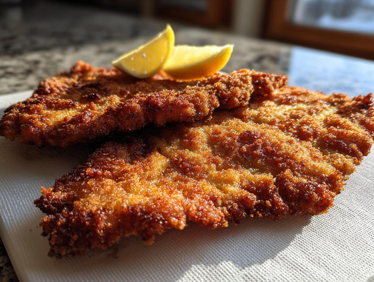 Close-up of two golden-brown, crispy pork schnitzel pieces garnished with lemon wedges.