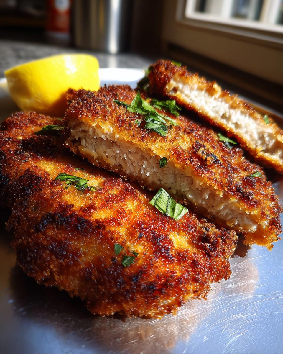 Close-up of perfectly golden-brown pork schnitzel, one piece cut to show tender interior, garnished with fresh parsley.