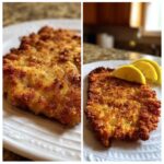A close-up of a perfectly cooked pork schnitzel, golden brown and crispy, served with lemon slices.