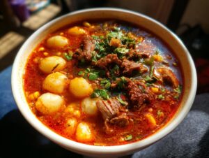 A close-up overhead view of a steaming bowl of red Pozole, featuring tender shredded meat, hominy, and fresh cilantro.