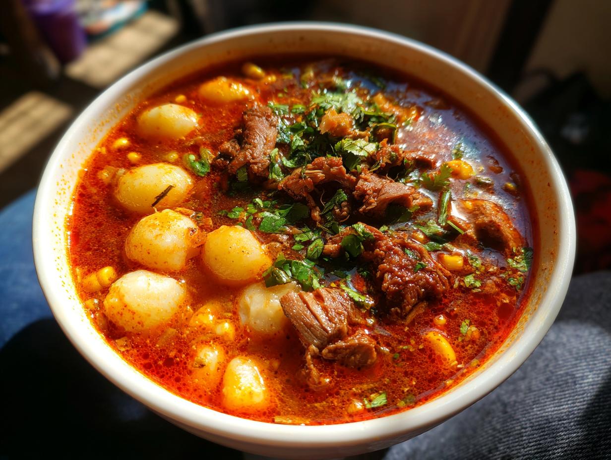 A close-up overhead view of a steaming bowl of red Pozole, featuring tender shredded meat, hominy, and fresh cilantro.