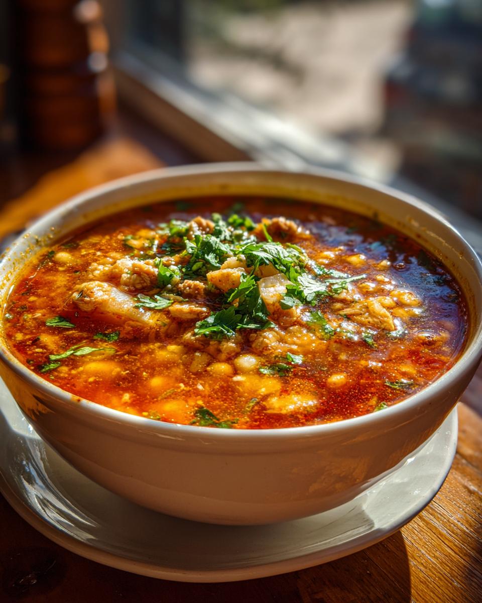 A close-up of a steaming bowl of Pozole, a traditional Mexican stew with pork, hominy, and garnished with fresh cilantro.