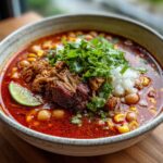 A close-up of a steaming bowl of pozole, featuring tender pork, hominy, corn, and topped with fresh cilantro and diced onions.