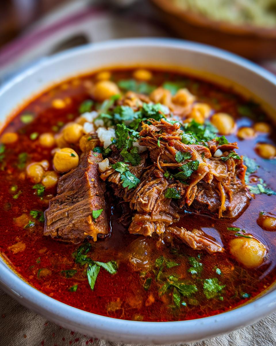 A close-up of a delicious bowl of Pozole, featuring tender shredded pork, hominy, and fresh cilantro.