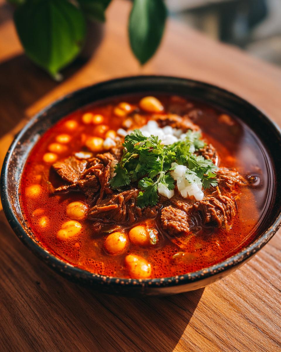 A close-up of a steaming bowl of Pozole, featuring tender shredded pork, hominy, and garnished with fresh cilantro and diced onion.