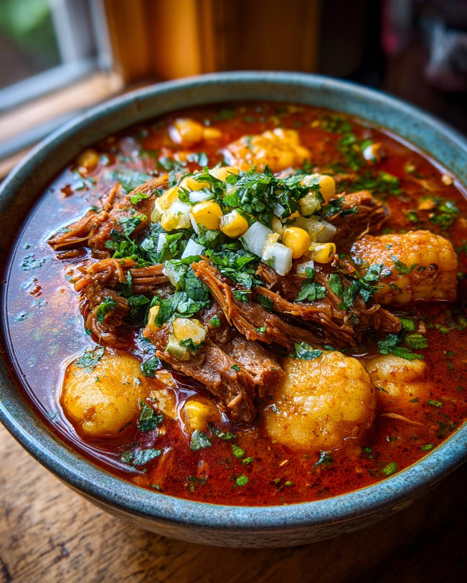A close-up of a hearty bowl of Pozole, featuring tender shredded pork, hominy, corn, and fresh cilantro garnish.