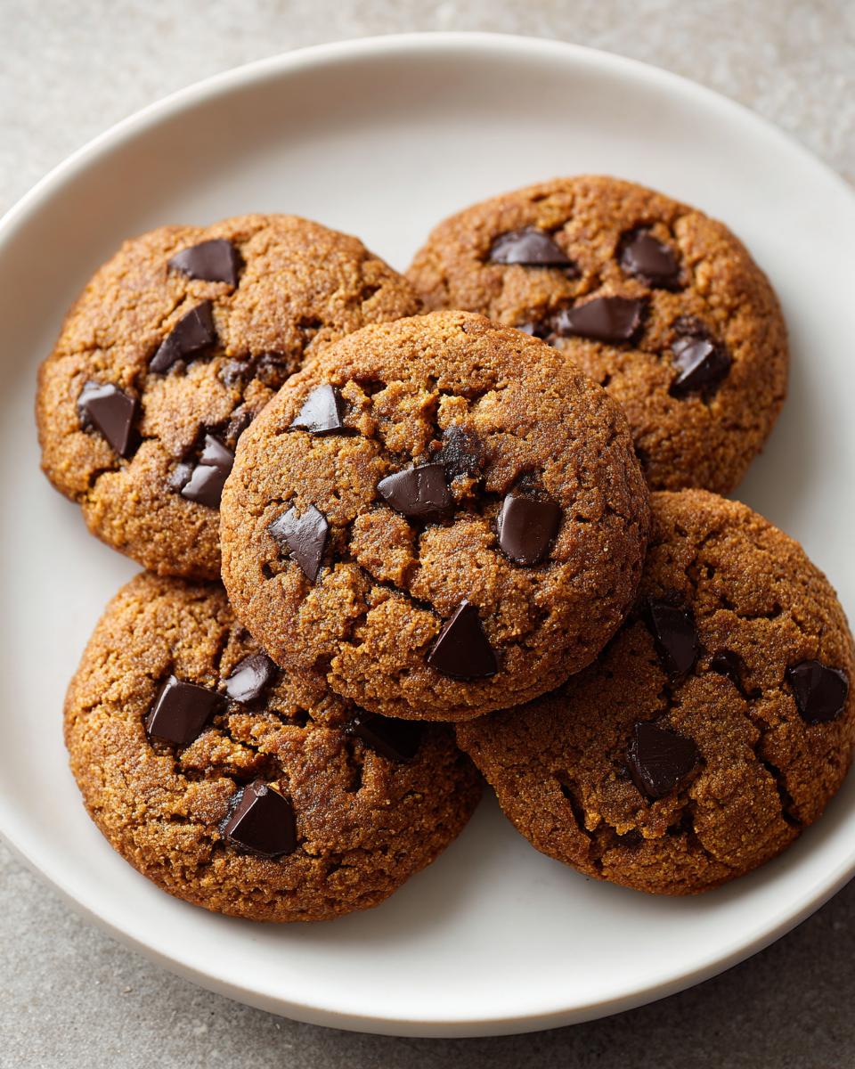 A close-up shot of five chewy pumpkin chocolate chip cookies piled on a white plate.