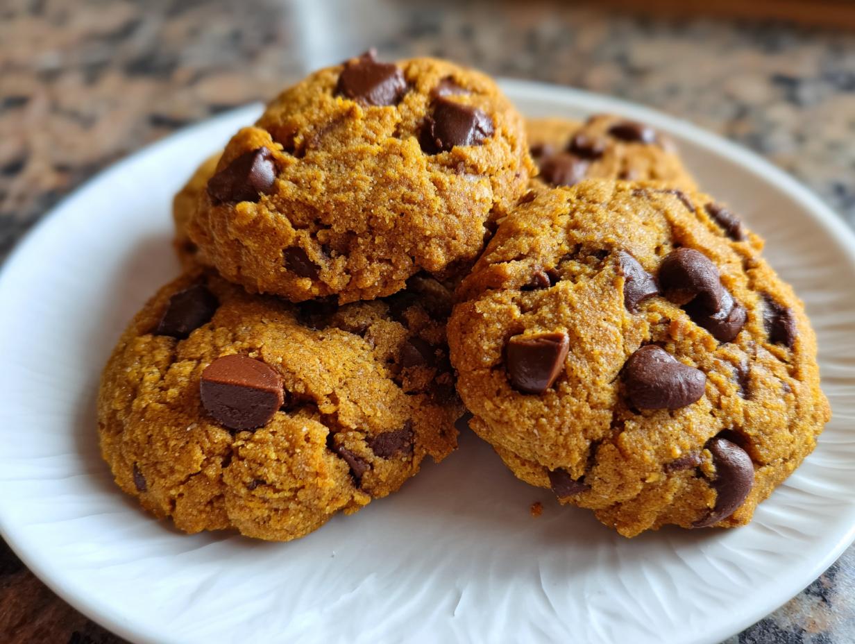 A close-up of several chewy pumpkin chocolate chip cookies piled on a white plate.