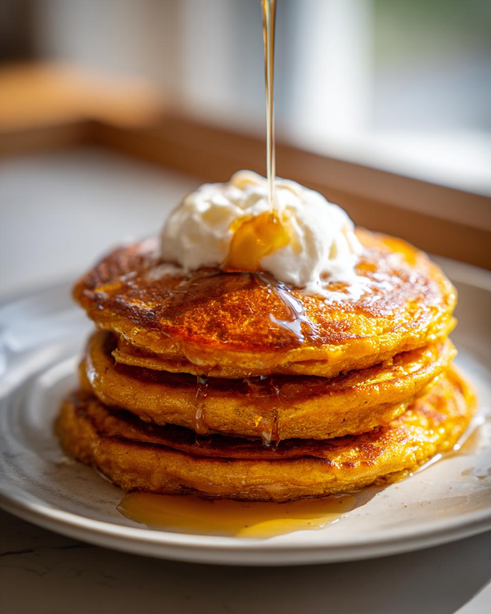 A stack of fluffy pumpkin pancakes being drizzled with maple syrup, topped with whipped cream.