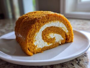 A close-up of a perfect pumpkin roll cake slice with a creamy white swirl filling, showcasing its moist texture.