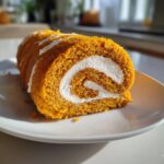 A close-up of a perfect pumpkin roll cake slice, showcasing the vibrant orange cake and creamy white swirl filling on a white plate.