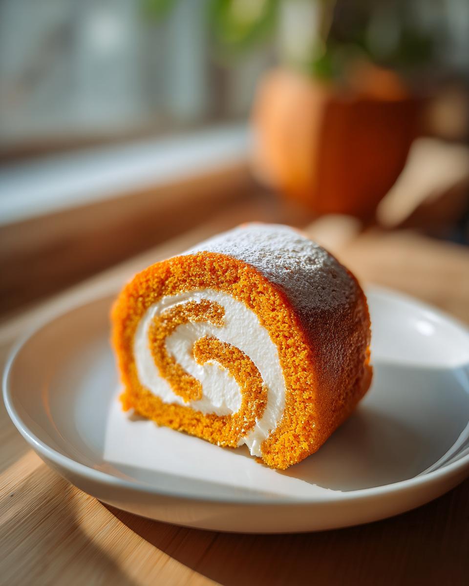 A close-up of a perfect pumpkin roll cake slice dusted with powdered sugar, revealing a creamy white swirl filling.