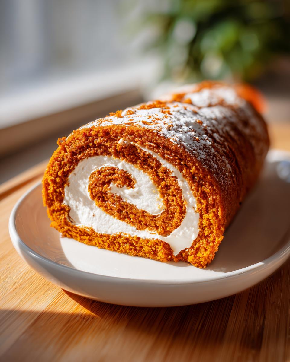 A close-up of a perfect pumpkin roll cake, showcasing its vibrant orange cake and creamy white swirl filling, dusted with powdered sugar.