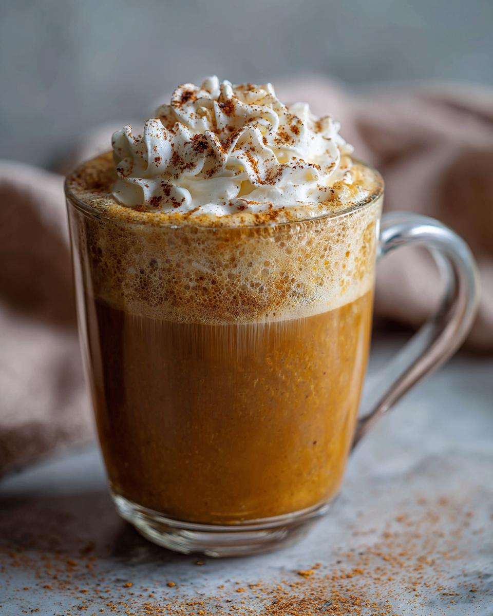 A close-up of a frothy pumpkin spice latte topped with whipped cream and a sprinkle of cinnamon.